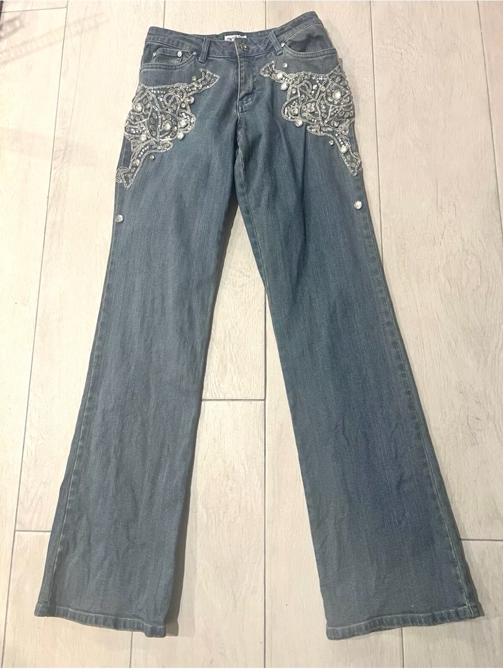 Vintage Cache Y2K Dark Blue Flared Jeans with Silver Rhinestone Embellishment
